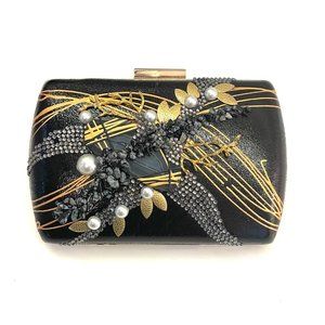 Black Leather Clutch - Black Agate stones, Pearls, Crystals and details of paint